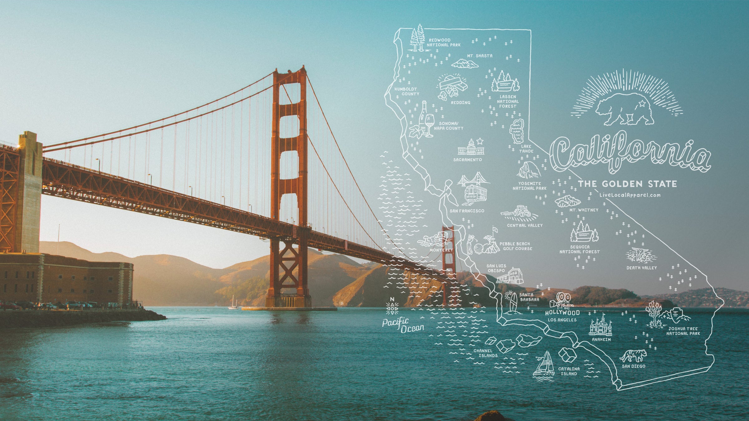 California State Map T-Shirt - Golden Gate Bridge Sea California State Map T-Shirt - Golden Gate Bridge Sea